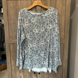 J Jill XL Top Jersey Knit Pleated Back Long Sleeve Floral